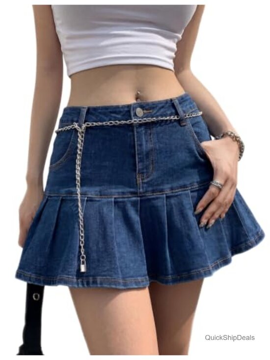 Dresses & Skirts - Denim Skort Mini Skirt with Built-in Shorts Ruffle Pleated Y2K A-Line Jean Skirt